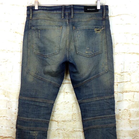 Represent Biker Jeans Mens 32 Blue Sand Stone Destroy Wash Moto Rib Skinny Rock - Picture 11 of 15